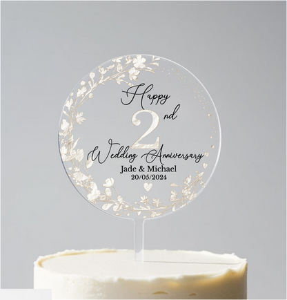 2nd Wedding Cotton Anniversary Printed Acrylic Cake Topper. Personalised. Non edible