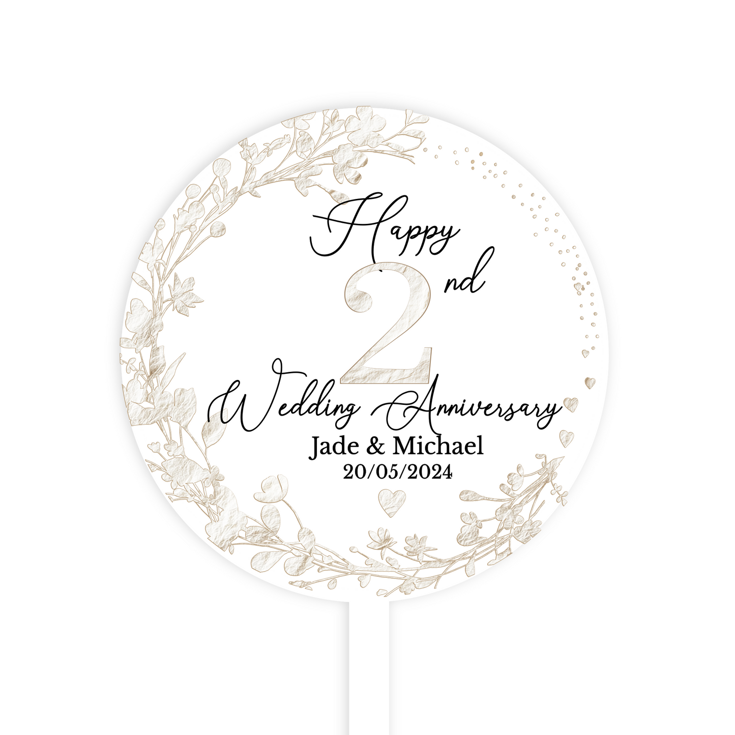 2nd Wedding Cotton Anniversary Printed Acrylic Cake Topper. Personalised. Non edible