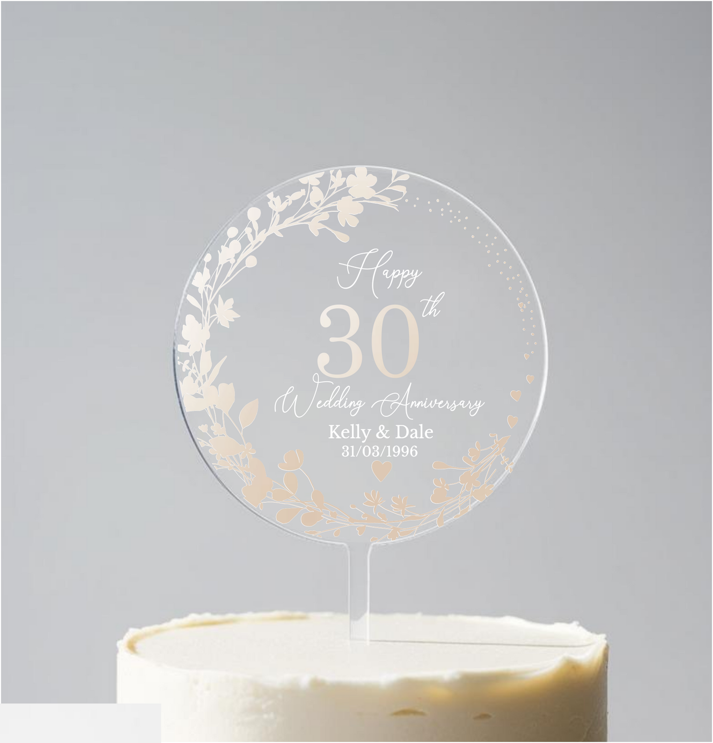 30th Wedding Pearl Anniversary Printed Acrylic Cake Topper. Personalised. Non edible