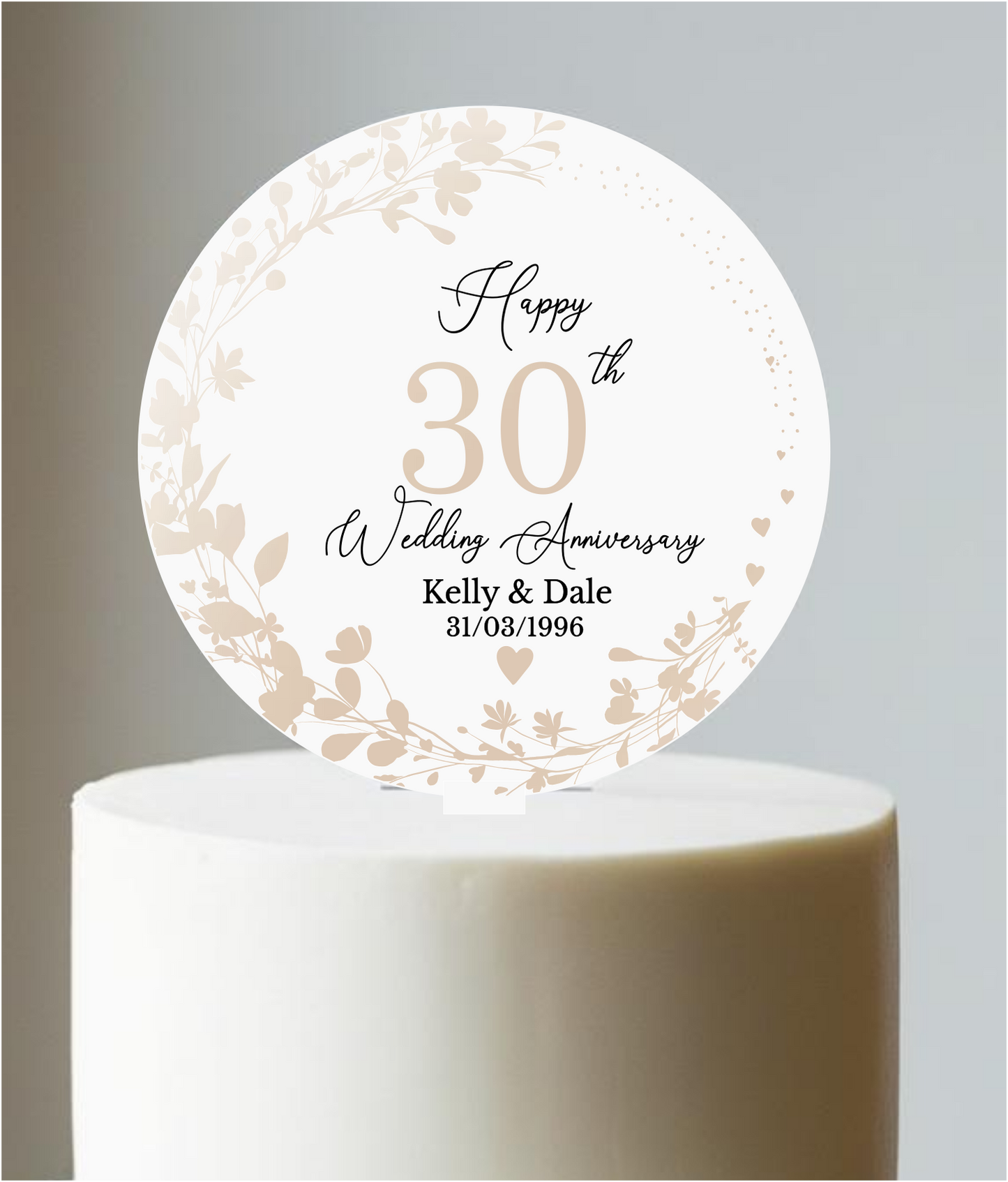 30th Wedding Pearl Anniversary Printed Acrylic Cake Topper. Personalised. Non edible