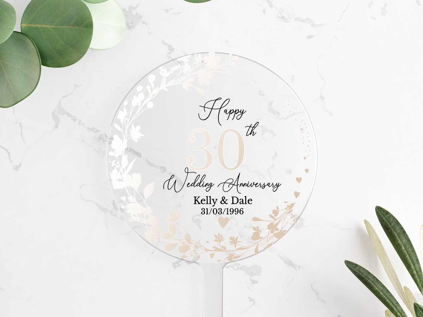 30th Wedding Pearl Anniversary Printed Acrylic Cake Topper. Personalised. Non edible