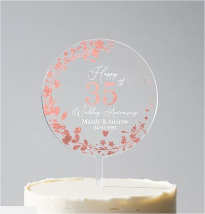 35th Wedding Coral Anniversary Printed Acrylic Cake Topper. Personalised. Non edible