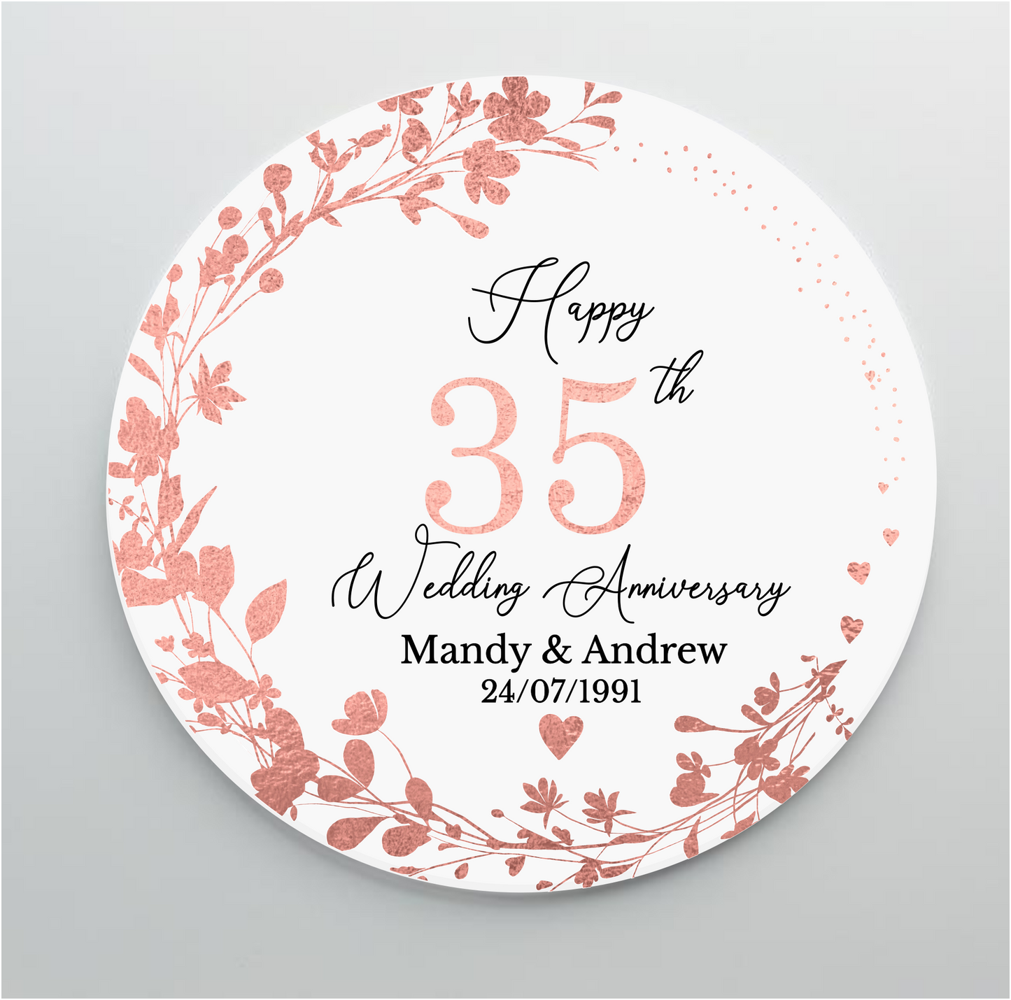 35th Wedding Coral Anniversary Printed Acrylic Cake Topper. Personalised. Non edible