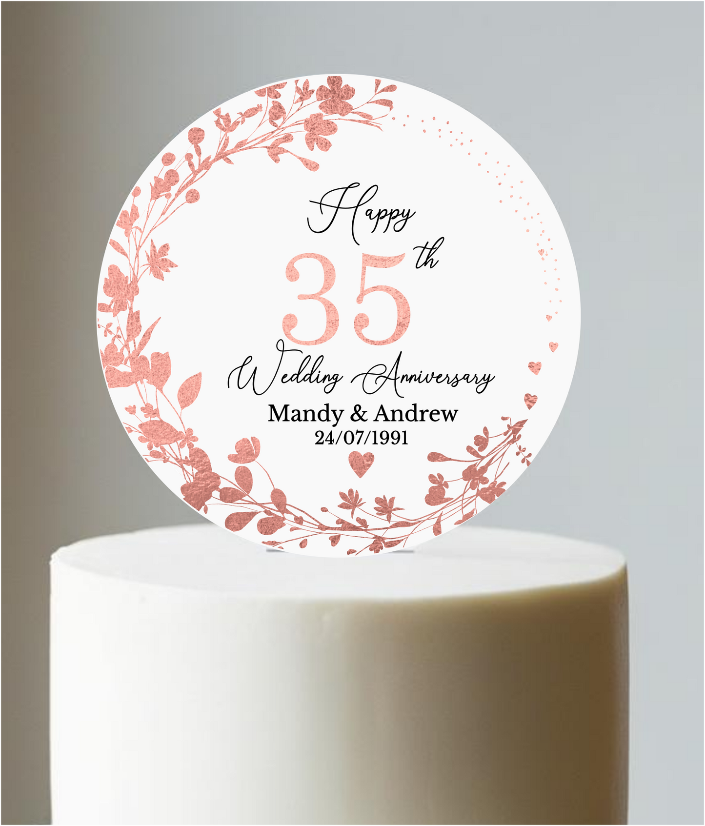 35th Wedding Coral Anniversary Printed Acrylic Cake Topper. Personalised. Non edible