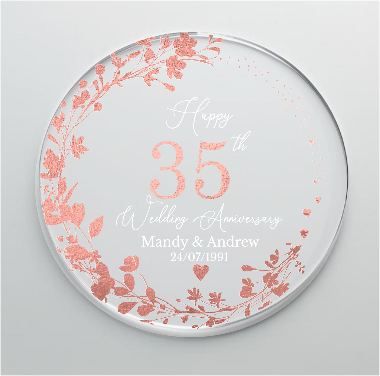 35th Wedding Coral Anniversary Printed Acrylic Cake Topper. Personalised. Non edible