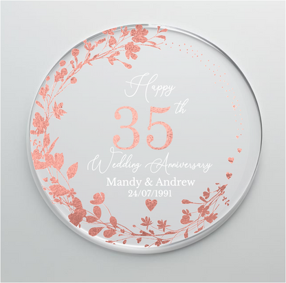 35th Wedding Coral Anniversary Printed Acrylic Cake Topper. Personalised. Non edible