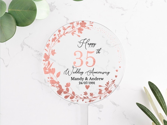35th Wedding Coral Anniversary Printed Acrylic Cake Topper. Personalised. Non edible
