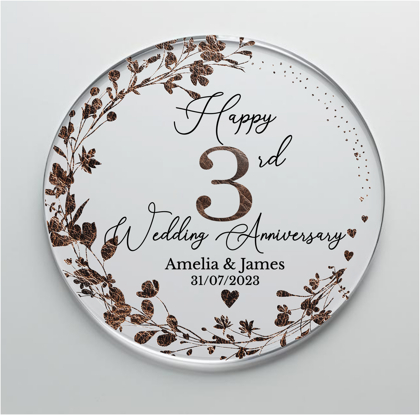 3rd Wedding Leather Anniversary Printed Acrylic Cake Topper. Personalised. Non edible