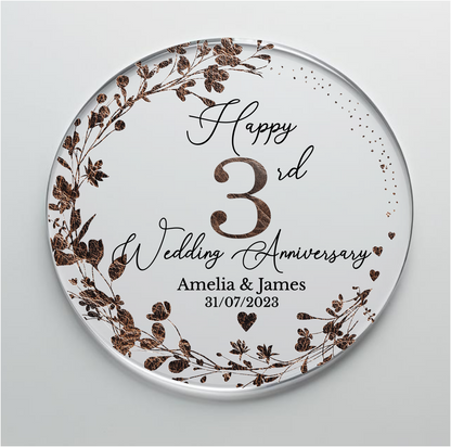 3rd Wedding Leather Anniversary Printed Acrylic Cake Topper. Personalised. Non edible