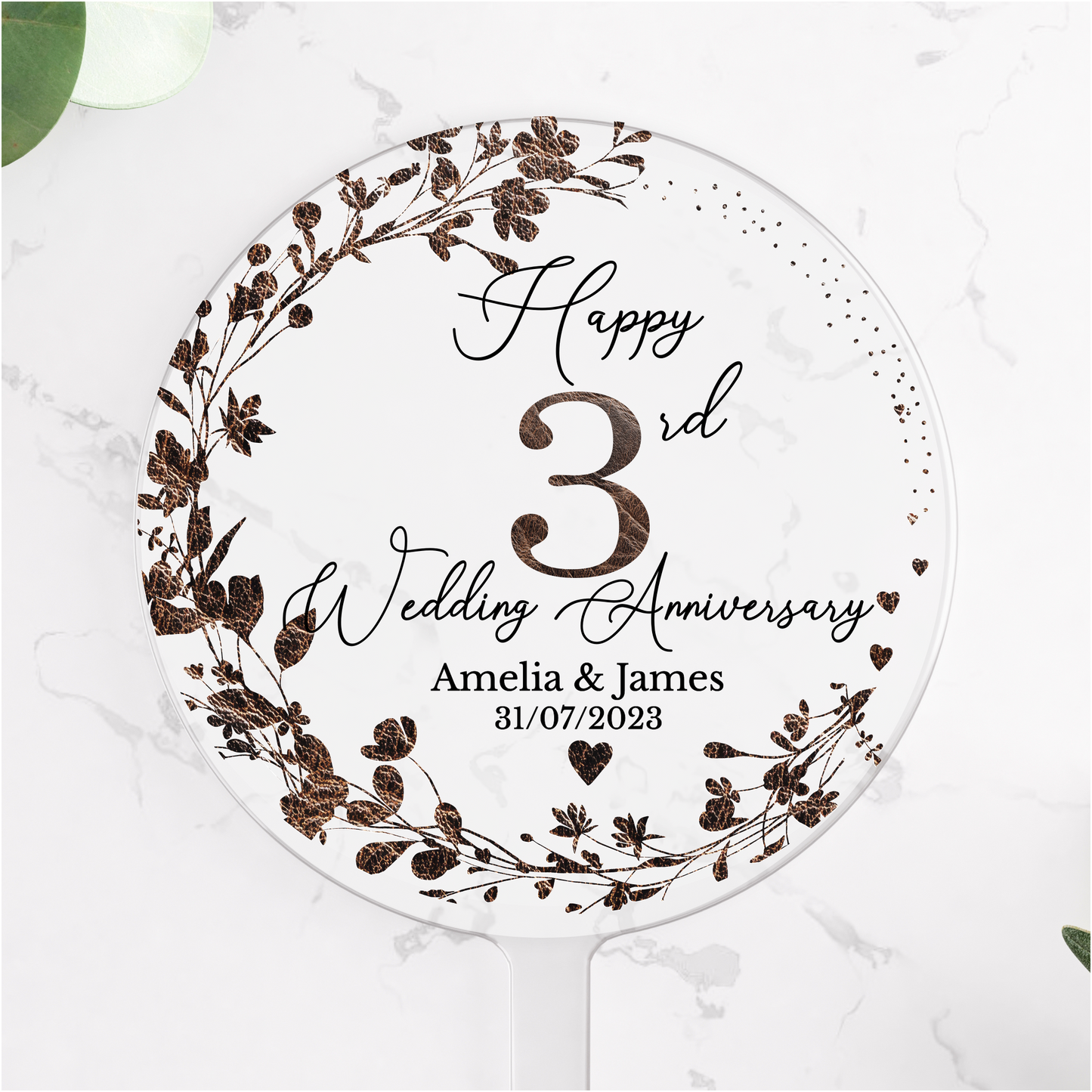3rd Wedding Leather Anniversary Printed Acrylic Cake Topper. Personalised. Non edible