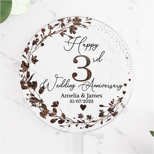 3rd Wedding Leather Anniversary Printed Acrylic Cake Topper. Personalised. Non edible