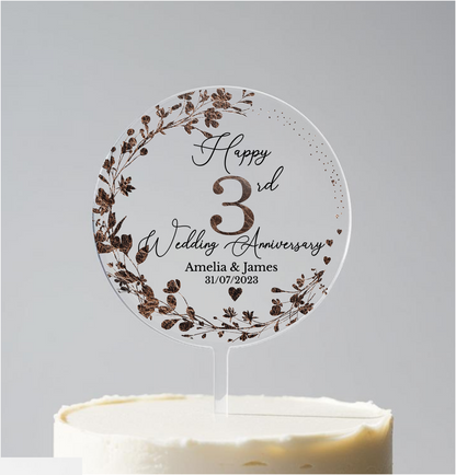 3rd Wedding Leather Anniversary Printed Acrylic Cake Topper. Personalised. Non edible