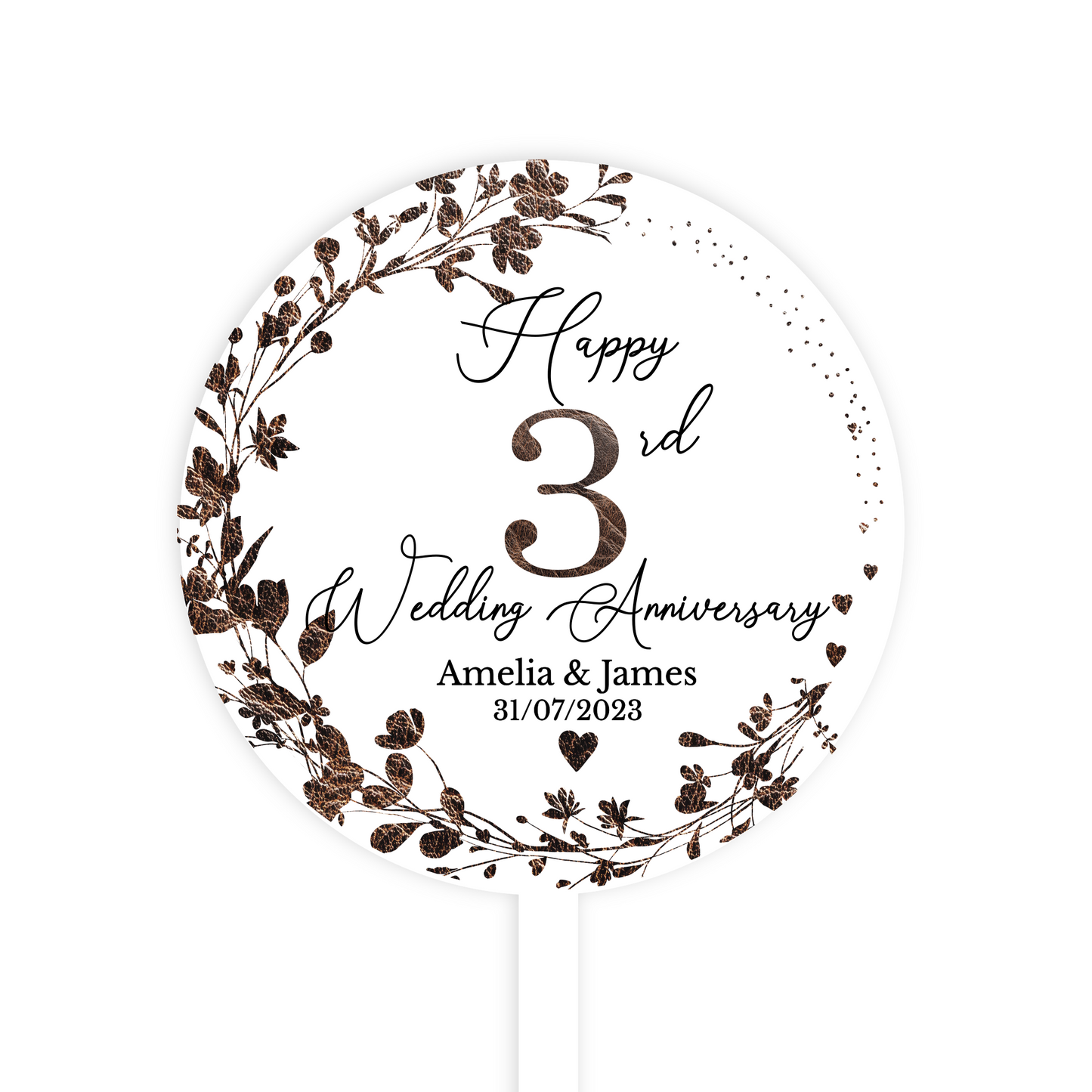 3rd Wedding Leather Anniversary Printed Acrylic Cake Topper. Personalised. Non edible