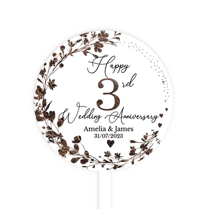 3rd Wedding Leather Anniversary Printed Acrylic Cake Topper. Personalised. Non edible