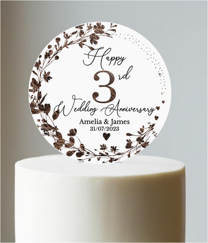 3rd Wedding Leather Anniversary Printed Acrylic Cake Topper. Personalised. Non edible