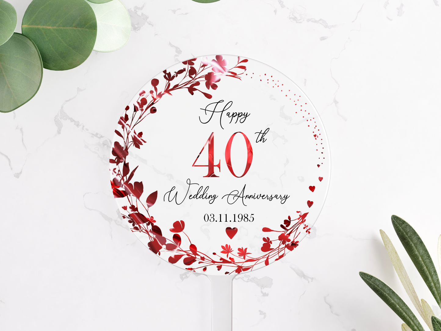 40th Wedding Ruby Anniversary Printed Acrylic Cake Topper. Personalised. Non edible