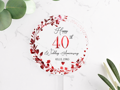 40th Wedding Ruby Anniversary Printed Acrylic Cake Topper. Personalised. Non edible