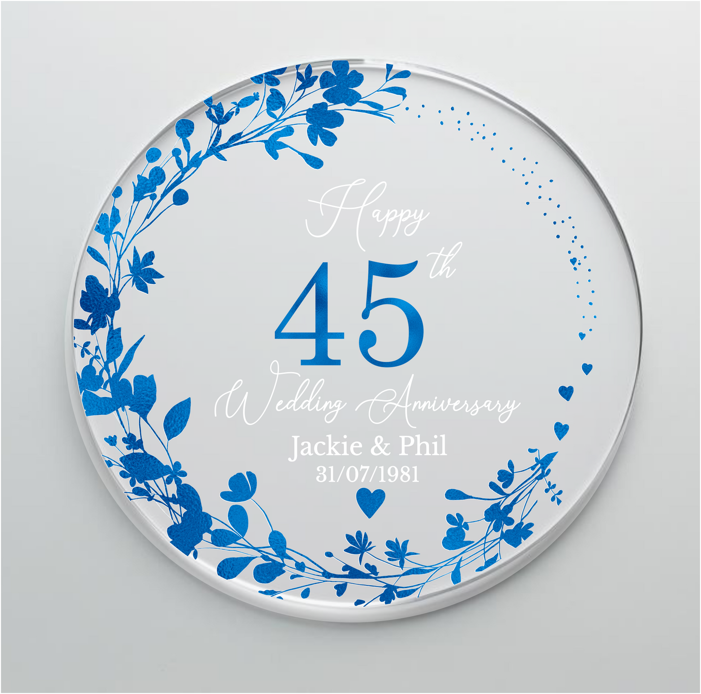 45th Wedding Sapphire Anniversary Printed Acrylic Cake Topper. Personalised. Non edible