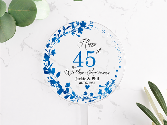 45th Wedding Sapphire Anniversary Printed Acrylic Cake Topper. Personalised. Non edible