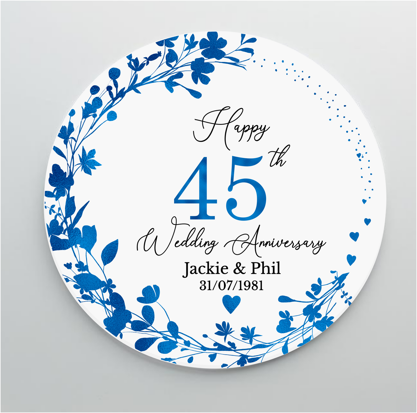 45th Wedding Sapphire Anniversary Printed Acrylic Cake Topper. Personalised. Non edible