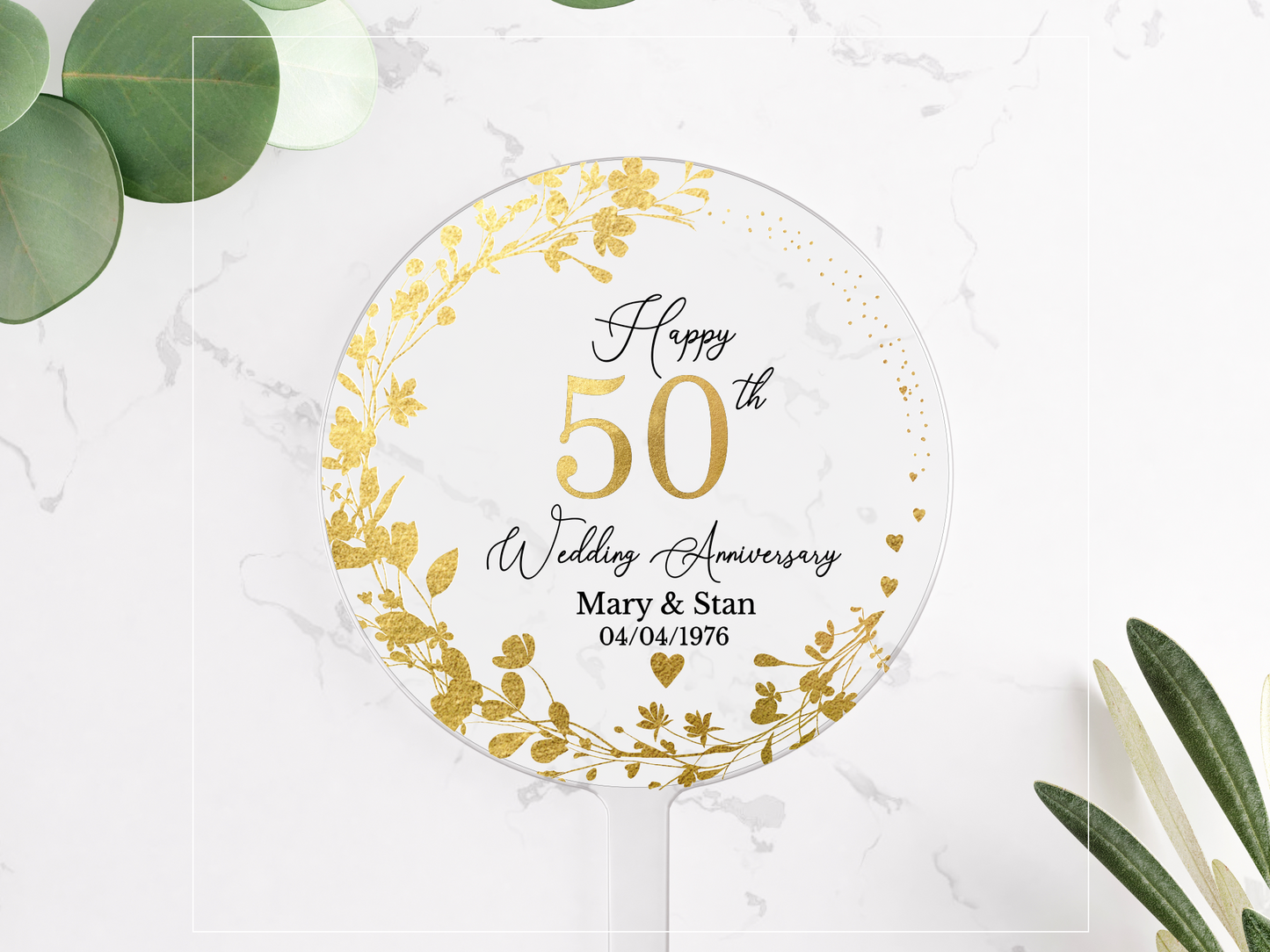 50th Wedding Golden Anniversary Printed Acrylic Cake Topper. Personalised. Non edible
