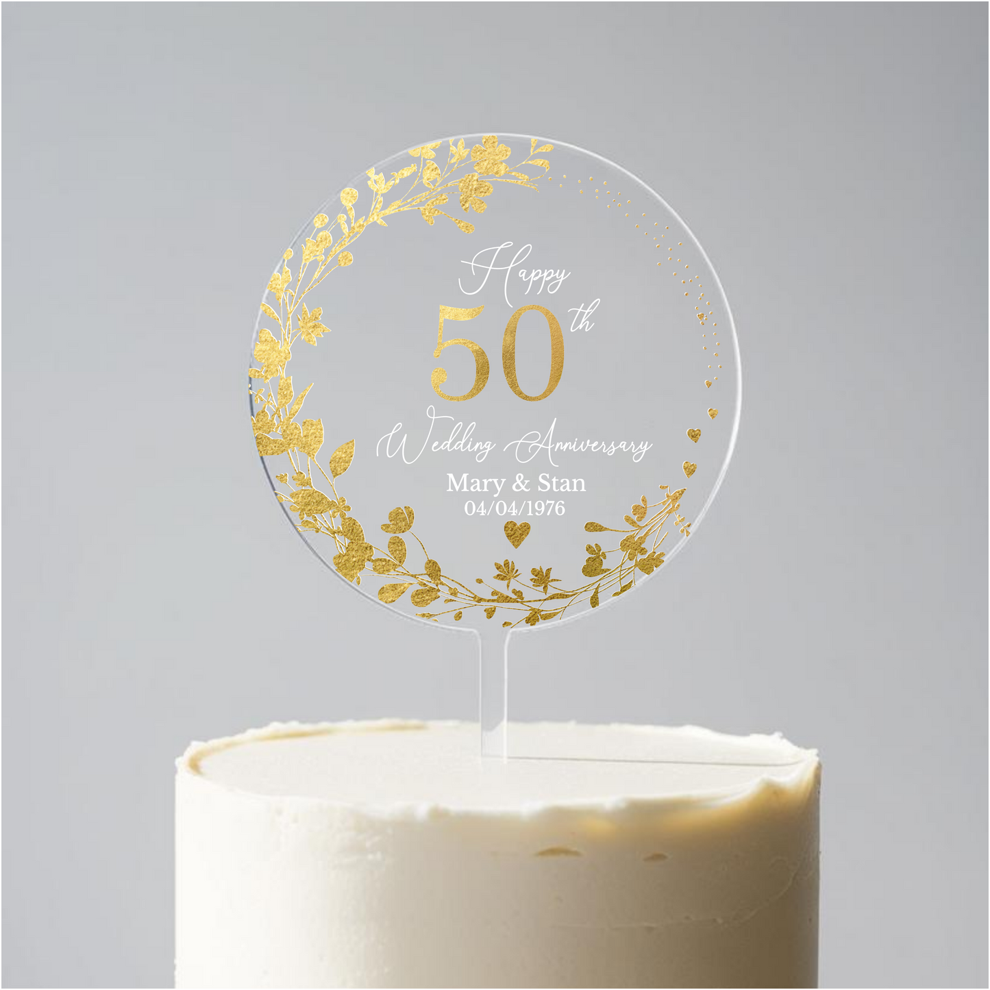 50th Wedding Golden Anniversary Printed Acrylic Cake Topper. Personalised. Non edible