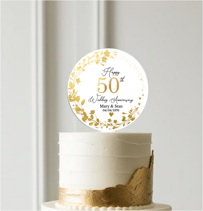 50th Wedding Golden Anniversary Printed Acrylic Cake Topper. Personalised. Non edible