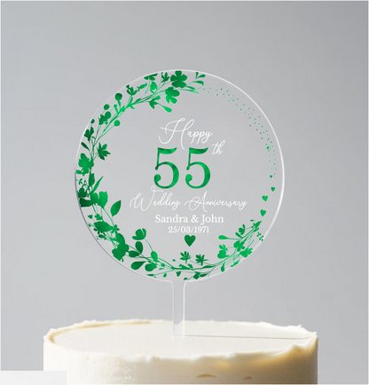 55th Wedding Emerald Anniversary Printed Acrylic Cake Topper. Personalised. Non edible