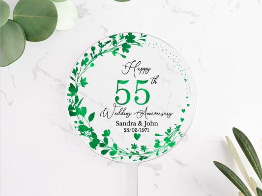 55th Wedding Emerald Anniversary Printed Acrylic Cake Topper. Personalised. Non edible