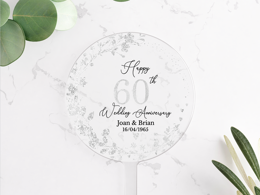 60th Wedding Diamond Anniversary Printed Acrylic Cake Topper. Personalised. Non edible