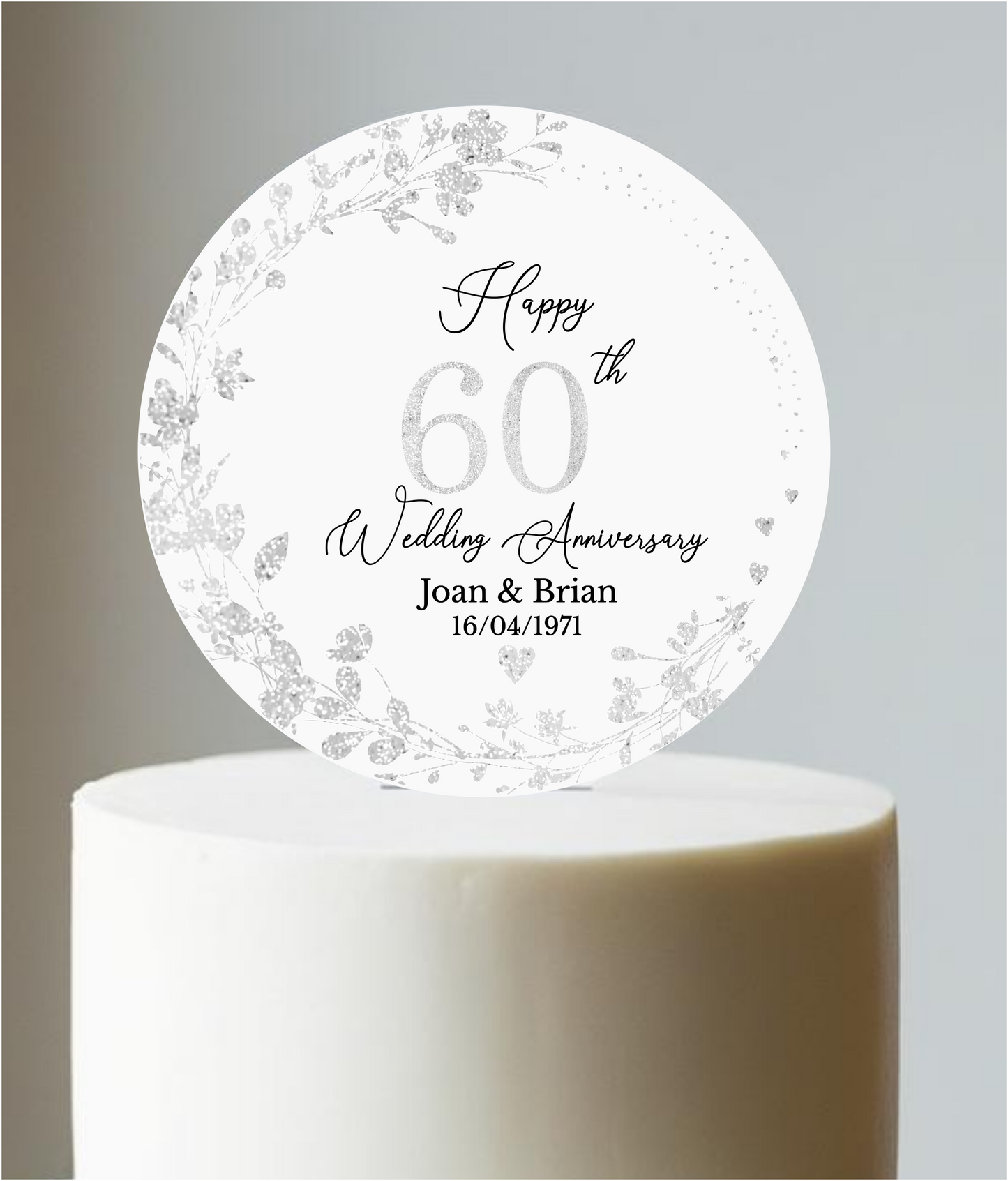 60th Wedding Diamond Anniversary Printed Acrylic Cake Topper. Personalised. Non edible