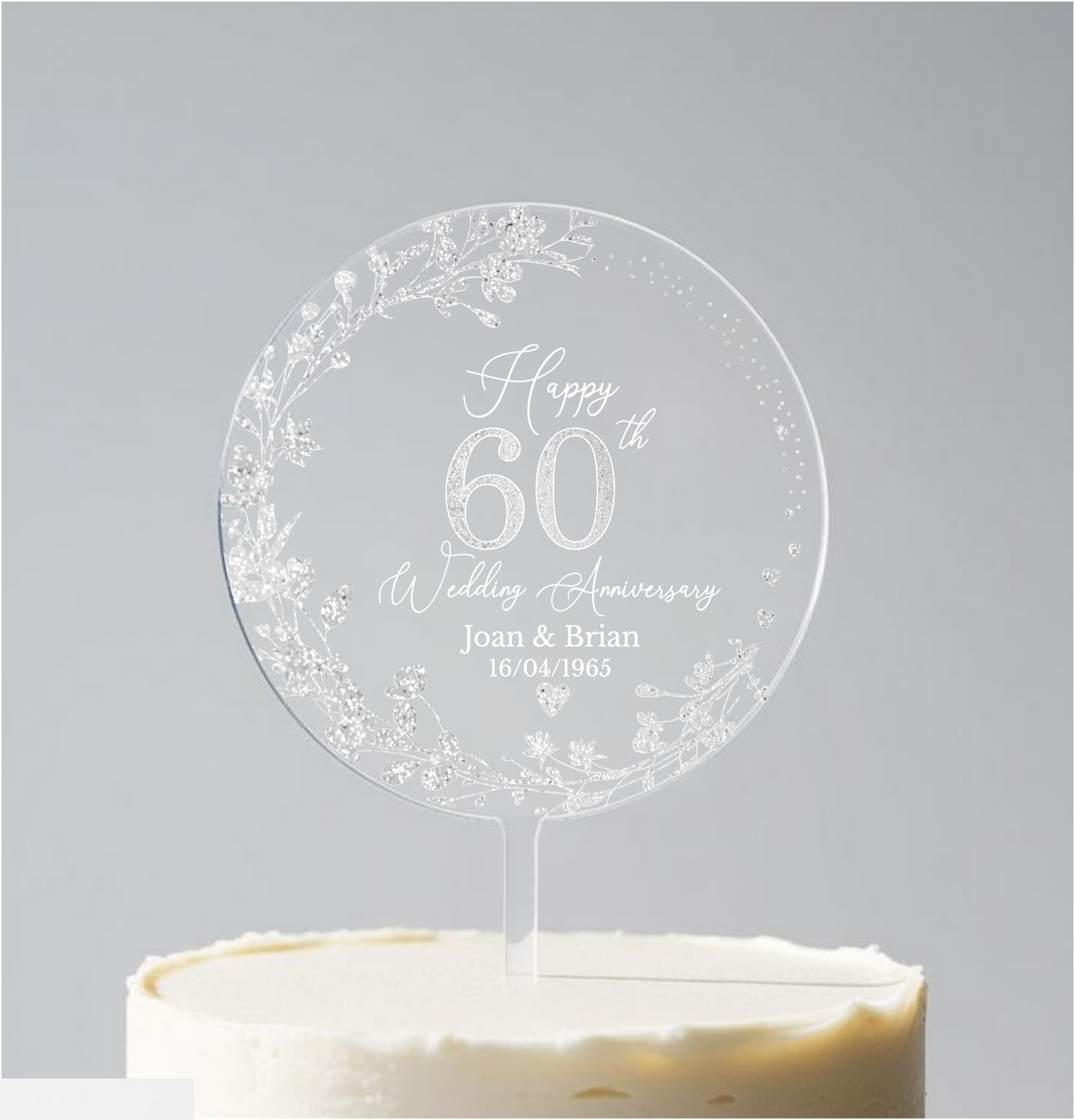 60th Wedding Diamond Anniversary Printed Acrylic Cake Topper. Personalised. Non edible