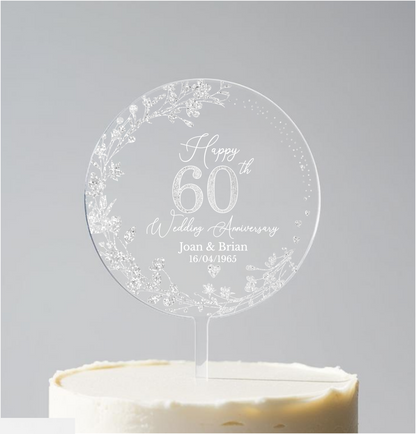 60th Wedding Diamond Anniversary Printed Acrylic Cake Topper. Personalised. Non edible