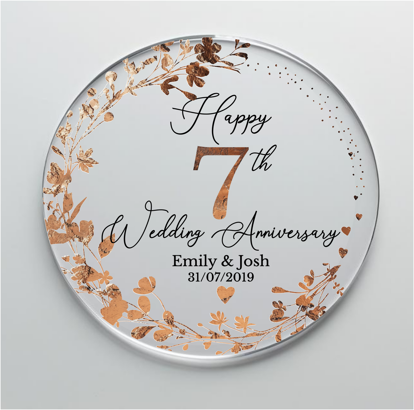 7th Wedding Copper Anniversary Printed Acrylic Cake Topper. Personalised. Non edible