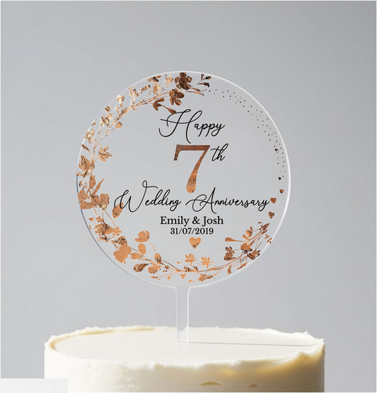 7th Wedding Copper Anniversary Printed Acrylic Cake Topper. Personalised. Non edible