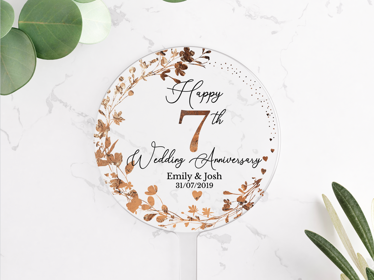 7th Wedding Copper Anniversary Printed Acrylic Cake Topper. Personalised. Non edible