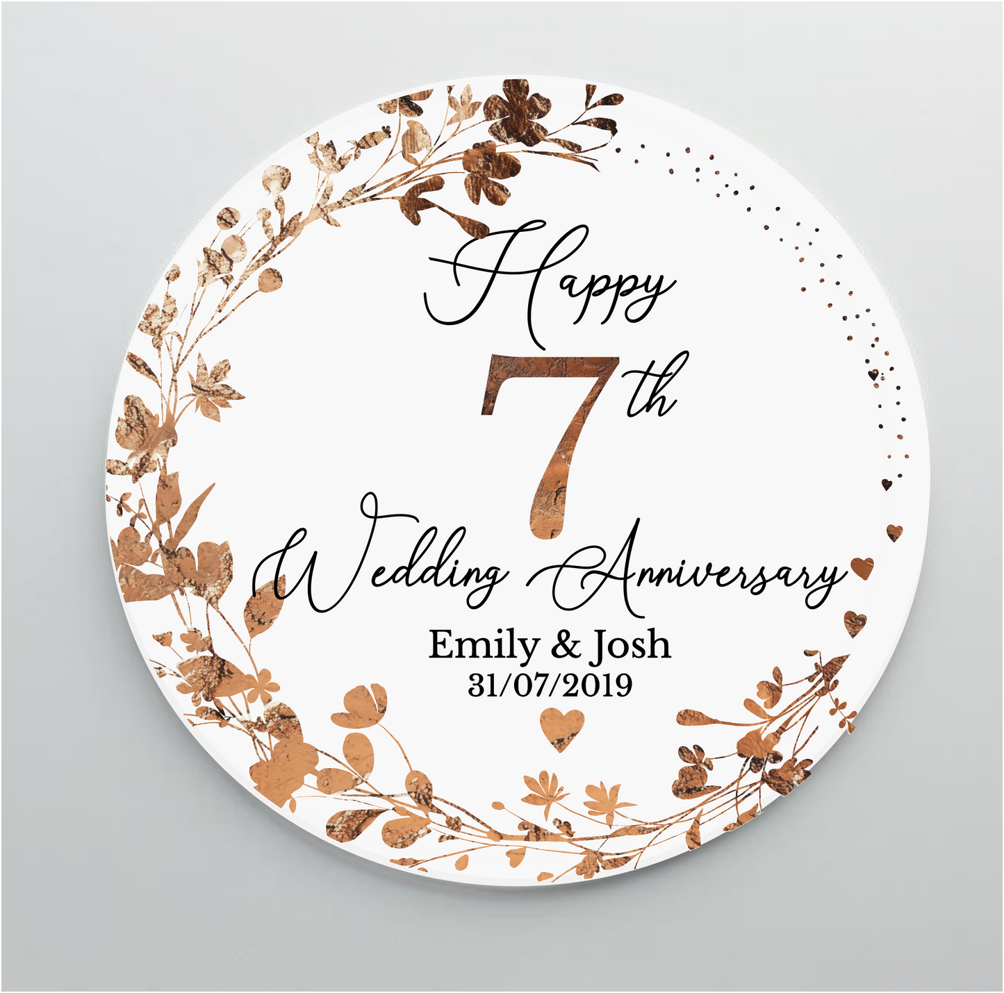 7th Wedding Copper Anniversary Printed Acrylic Cake Topper. Personalised. Non edible