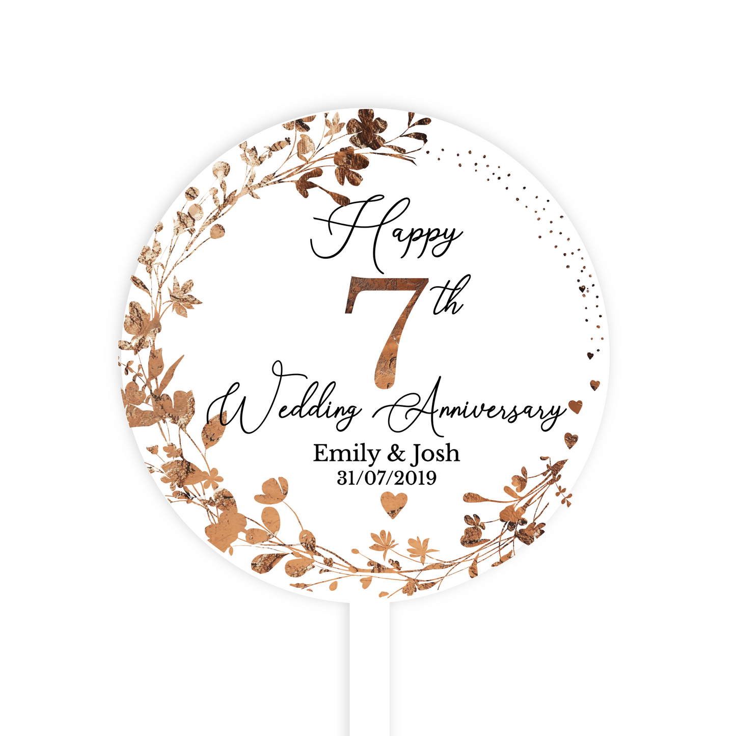 7th Wedding Copper Anniversary Printed Acrylic Cake Topper. Personalised. Non edible