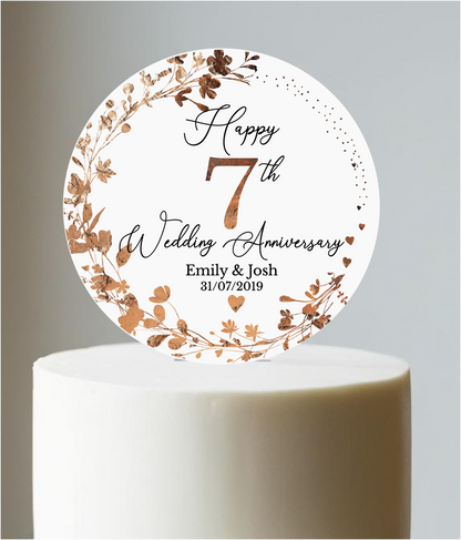 7th Wedding Copper Anniversary Printed Acrylic Cake Topper. Personalised. Non edible