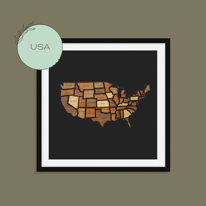 Handmade, wooden map of USA, world map. Framed home, office, custom, personalised wall, freestanding art, gift