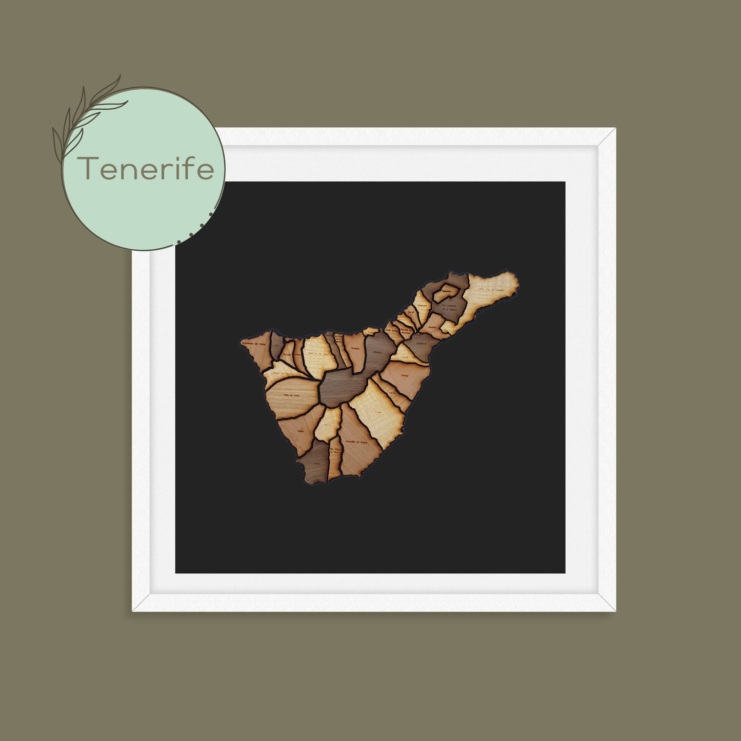 Handmade, wooden map of Tenerife, world map. Framed home, office, custom, personalised wall, freestanding art, gift