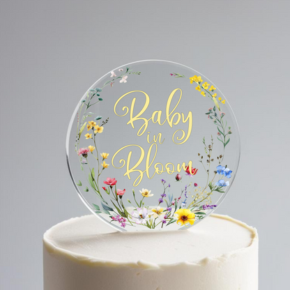 Baby in Bloom printed Wildflower Acrylic Baby Shower Cake Topper. Personalised. Non edible