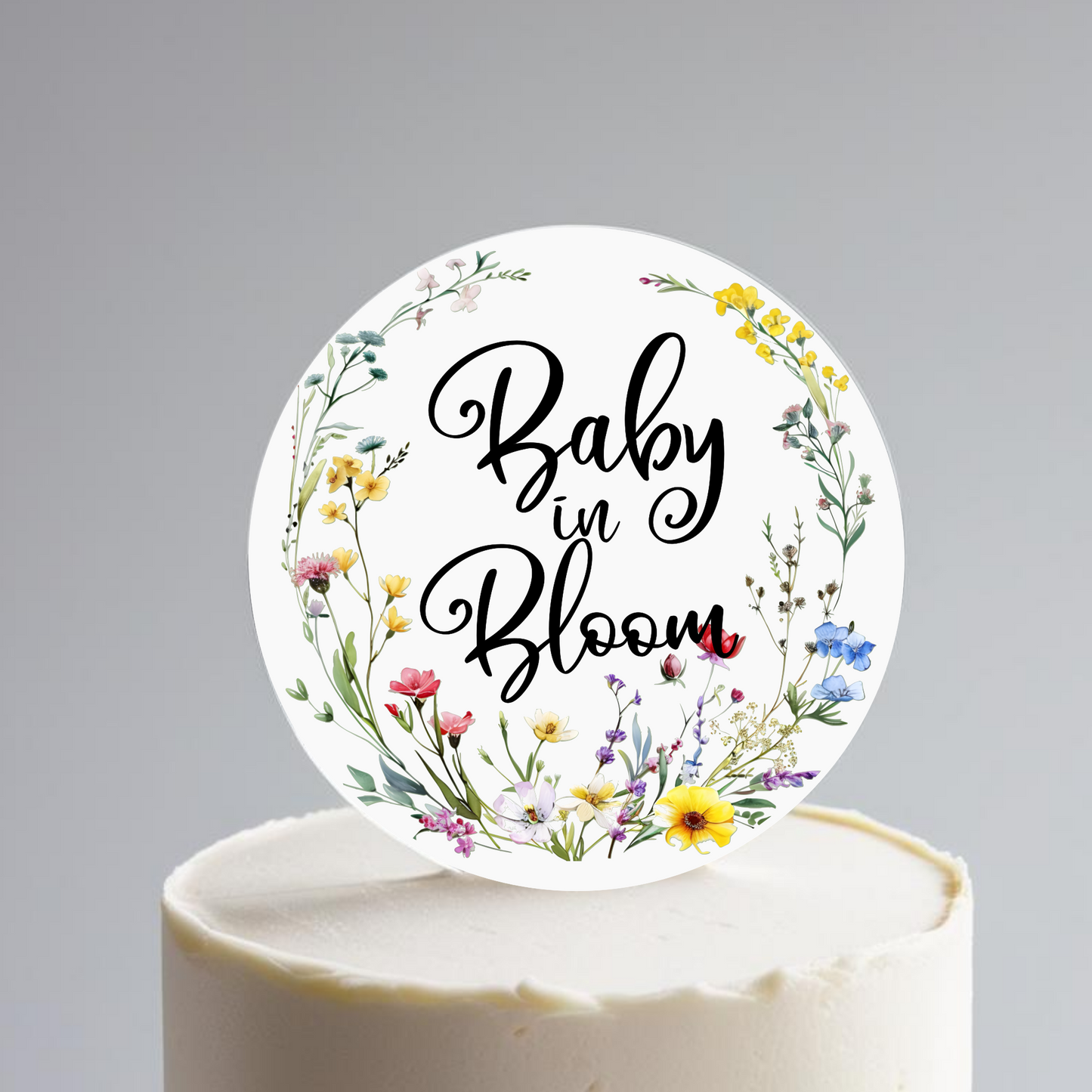 Baby in Bloom printed Wildflower Acrylic Baby Shower Cake Topper. Personalised. Non edible