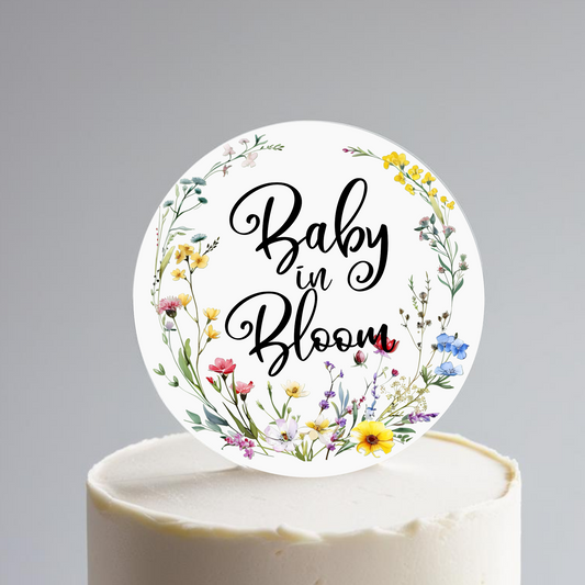 Baby in Bloom printed Wildflower Acrylic Baby Shower Cake Topper. Personalised. Non edible