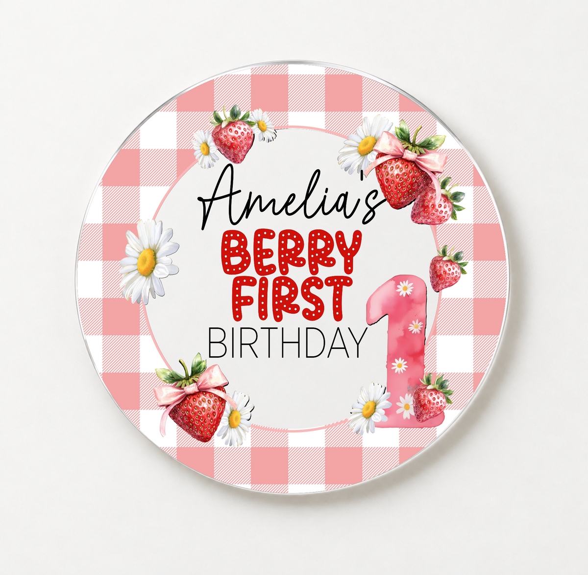 Berry First Birthday Strawberry theme Cake Topper. Personalised. Non edible