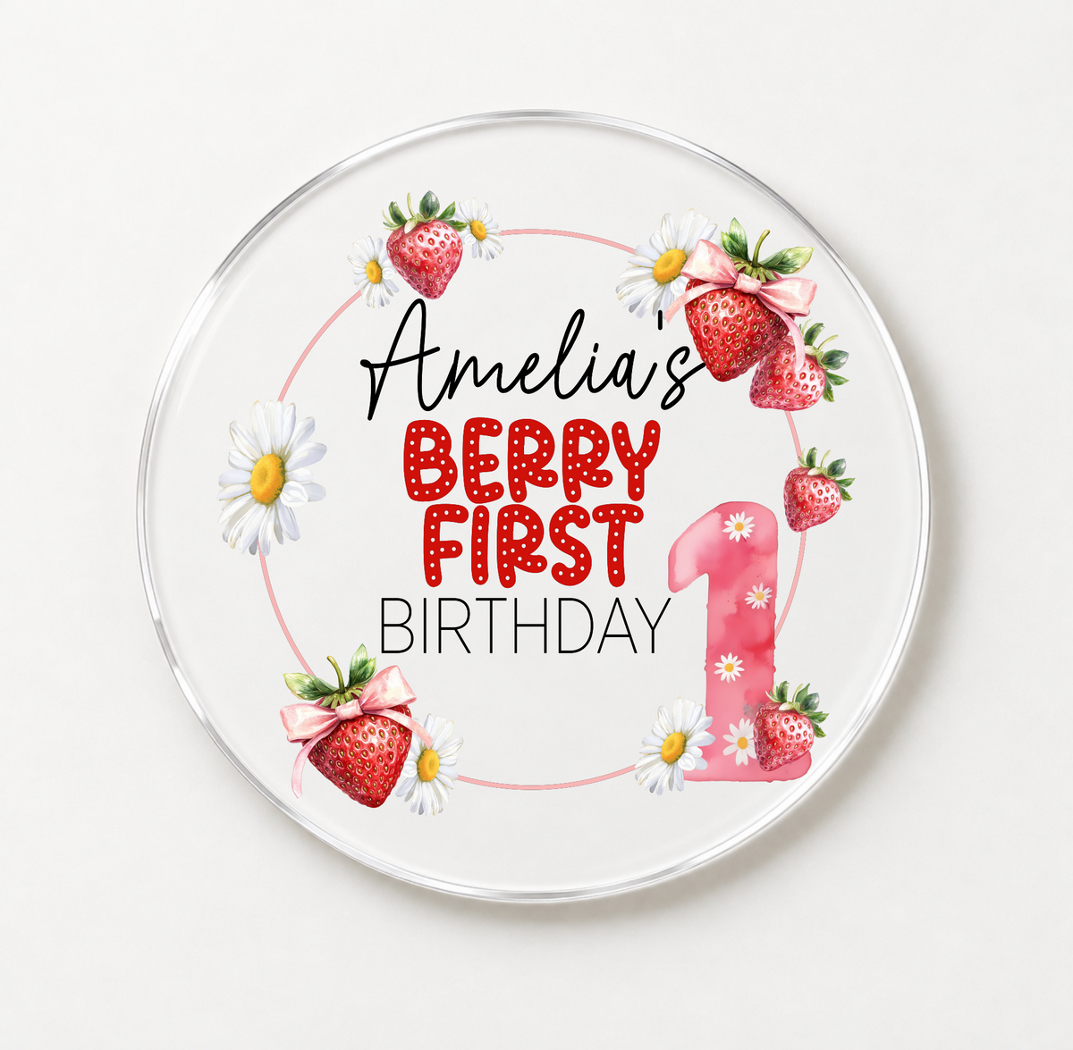 Berry First Birthday Strawberry theme Cake Topper. Personalised. Non edible