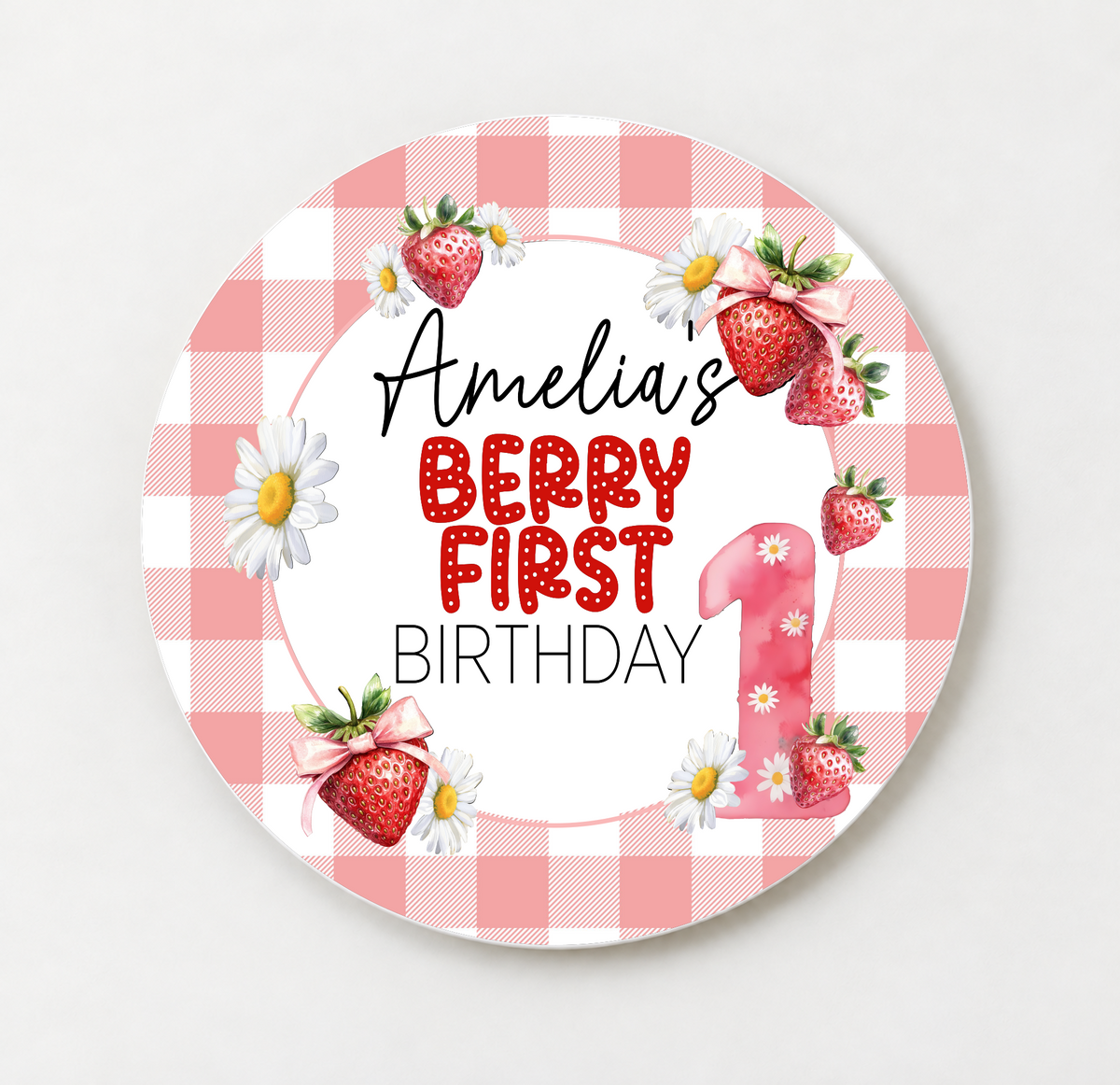 Berry First Birthday Strawberry theme Cake Topper. Personalised. Non edible