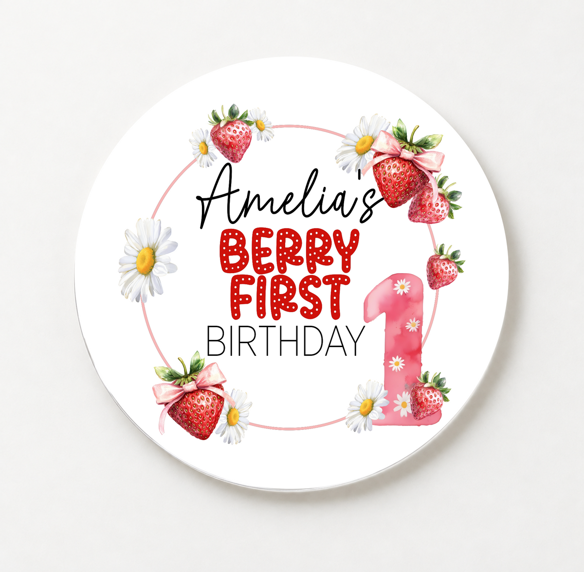 Berry First Birthday Strawberry theme Cake Topper. Personalised. Non edible