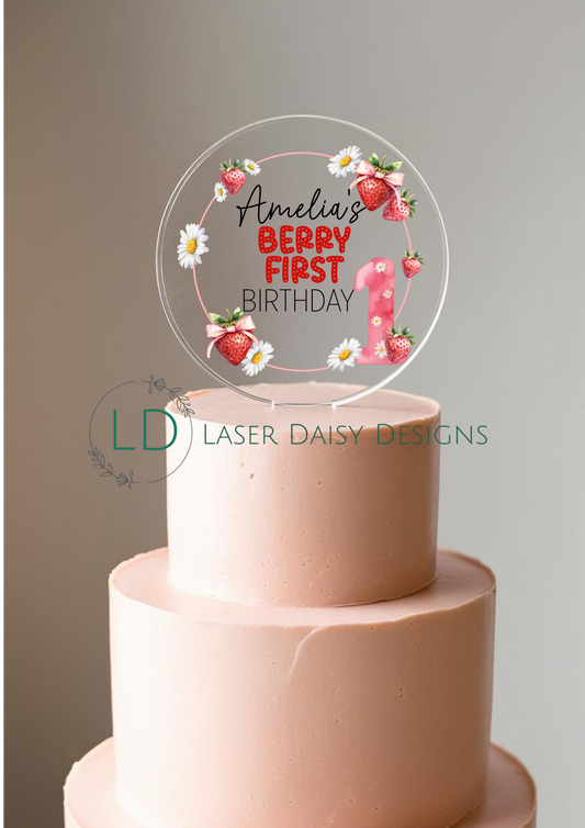 Berry First Birthday Strawberry theme Cake Topper. Personalised. Non edible