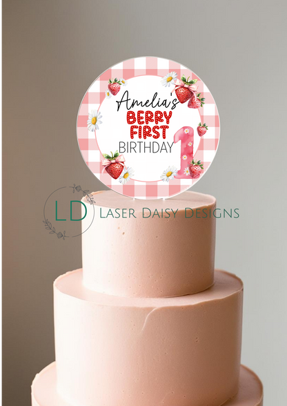 Berry First Birthday Strawberry theme Cake Topper. Personalised. Non edible